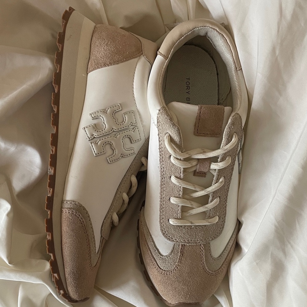 Tory Burch Tan and White Sneakers white and new ivory Lino